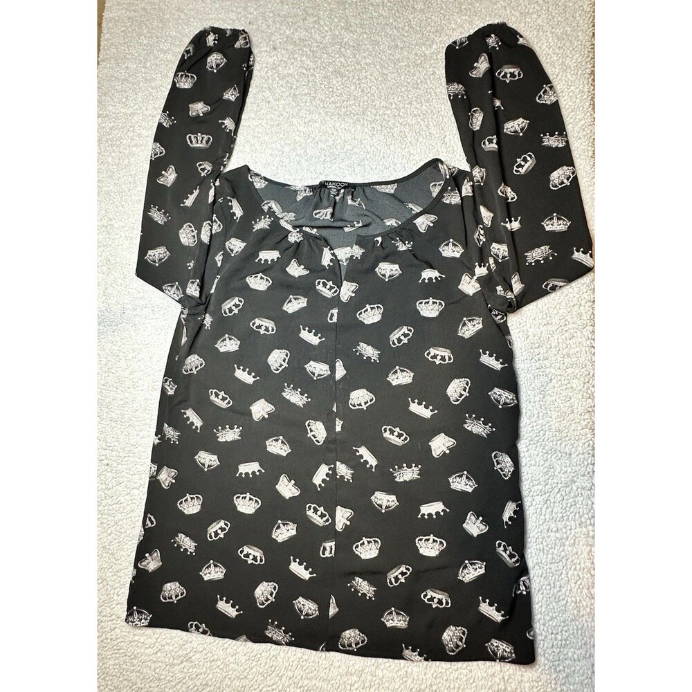 Thakoon Design Nation Top Womens Sz XS Black Crowns V Neck Long Sleeve Blouse